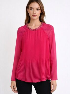 Ted Baker London "Lovina" Neon Hot Pink Accordion Pleated Bejeweled Blouse